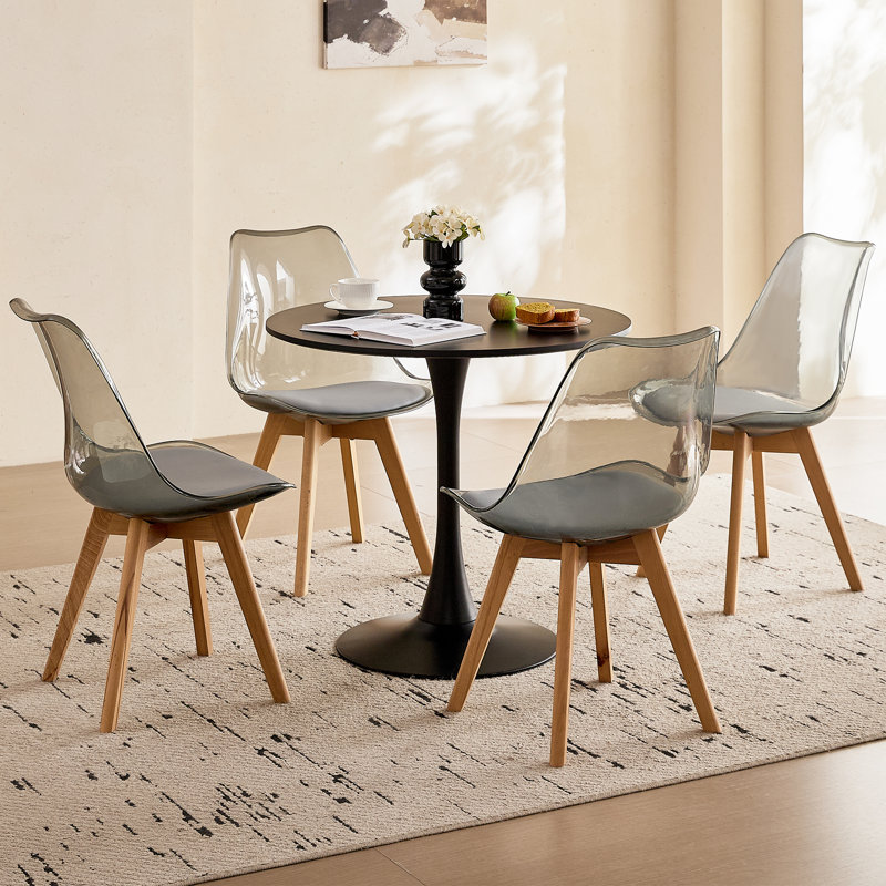 5-Piece Modern Dining Set, 31.5" Black Round Tulip Table with 4 Clear Grey Acrylic Chairs, 31.5" Black Table