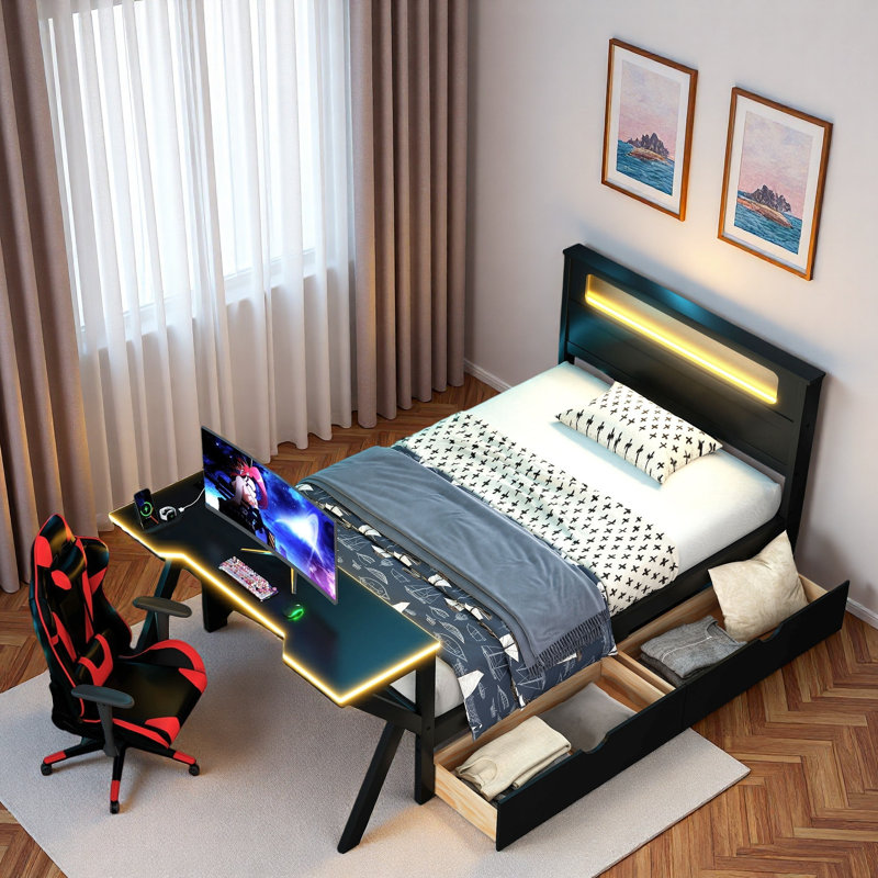 Lit plateforme en bois avec tête de lit, bureau à DEL, station de charge et 2 tiroirs de rangement, Lit simple