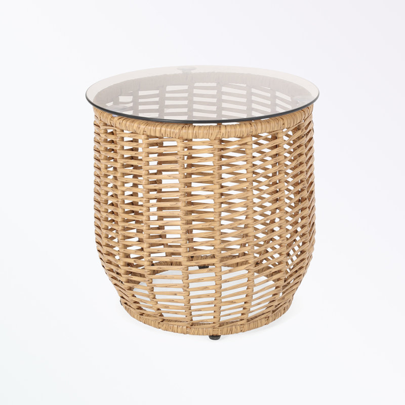 Round shape Patio Tables with glass table top and sturdy base, Light Brown