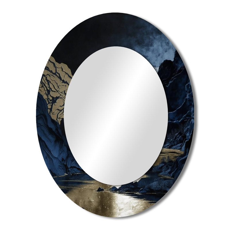Gold Frosted River And Mountain III - Miroir mural ovale traditionnel, 43 po x 33 po