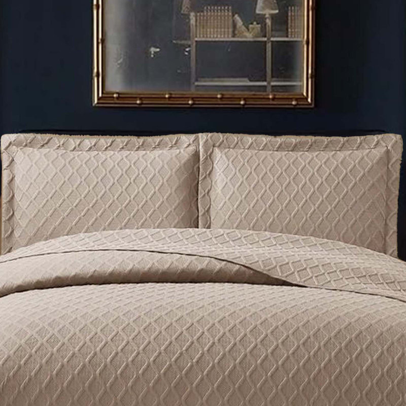 Bedspread Diamond Check Embossed Set with Pillow Shams, Textured All-Season Comfort, Single, Double, King & Super King, Mink