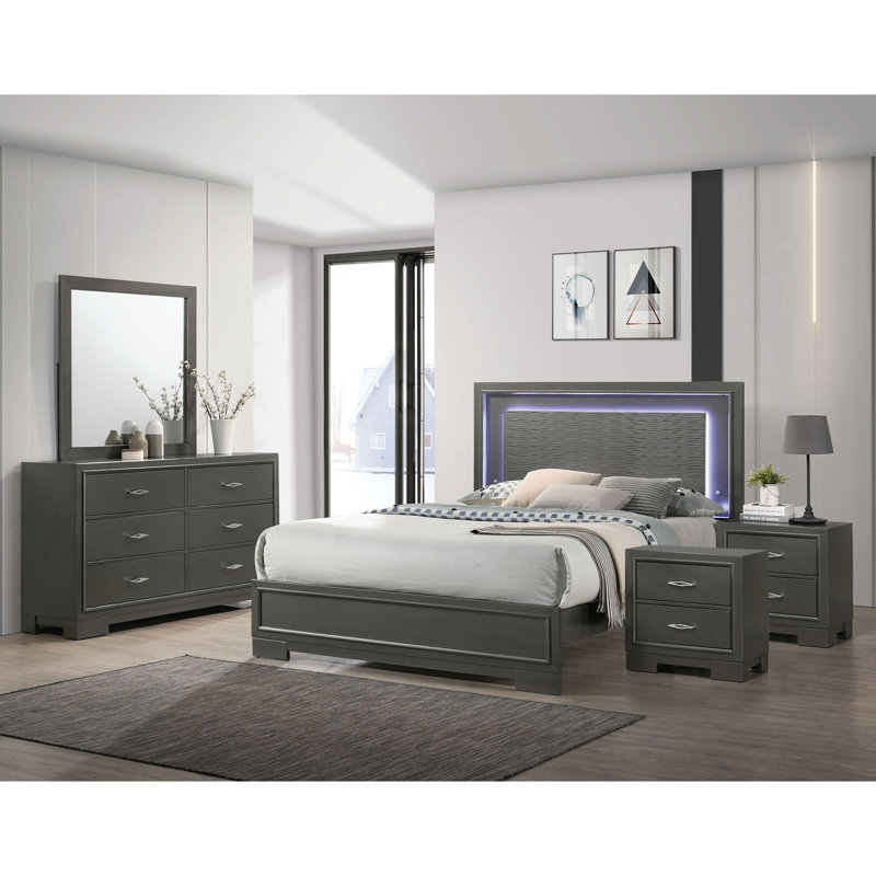 Ensemble de chambre à coucher Anjelyna, Grand lit, Cinq pièces : Lit, 2 tables de chevet, commode, m