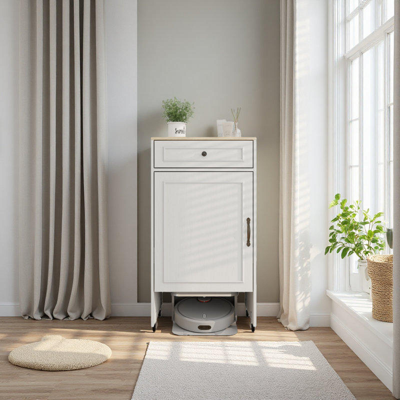 Robot aspirateur avec roulettes, support de rangement pour robot avec portes et tiroirs, table d'appoint pour salon, bureau personnel, cuisine