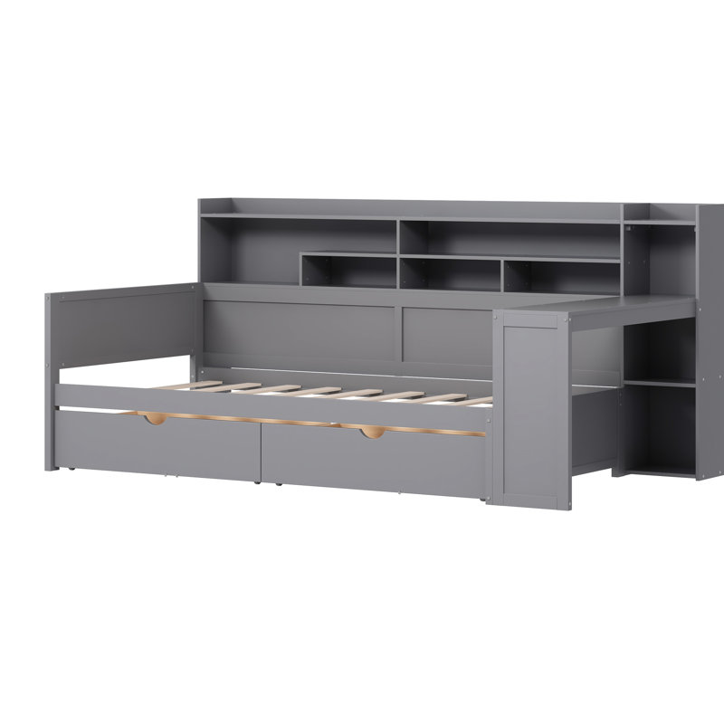 Lit de jour simple en bois gris avec tablette de rangement, deux tiroirs et un bureau d'étude pour maximiser l'efficacité de la chambre à coucher - installations latérales en bois de grande taille, gain de place à l'extrémité du pied
