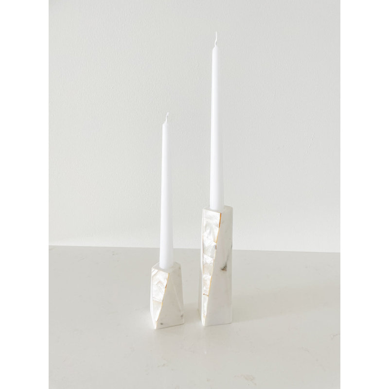 White Marble and Mother of Pearl Tabletop Candlestick