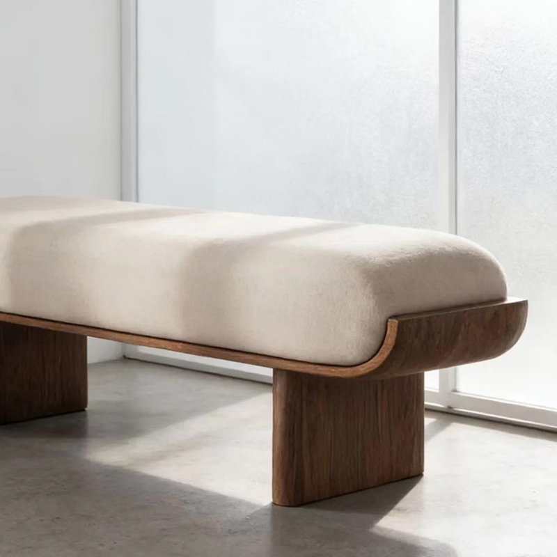 Banc rembourré en bois massif beige, 17.72" H x 39.37" W x 16.93" D