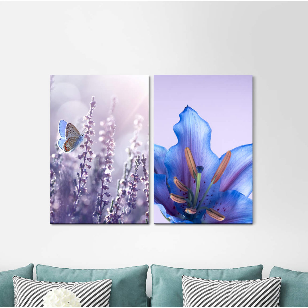 2-tlg. Leinwandbilder-Set - Fotografie „Butterfly Blossom Blue Summer Flowers”