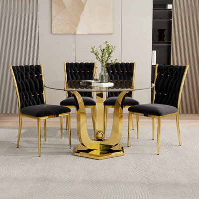 Ensemble de table de salle à manger 38,9 po pour 4 personnes, table de salle à manger moderne avec base en acier inoxydable doré et 4 chaises rembourrées en velours, ensemble de cuisine 5 pièces pour la salle à manger