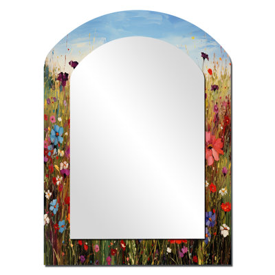 Manderly Colorful Wildflowers Meadow Blooms I - Wildflowers Arch Decorative Wall Mirror, Traditional Asymmetrical Mirror, Printed Metal Art
