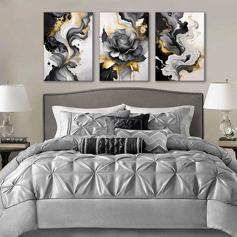 60*40,3Pcs Black And Gold Abstract Canvas Wall Art Modern Black Grey And Gold Marble Wall Decor Pictures., 60 cm H x 40 cm W