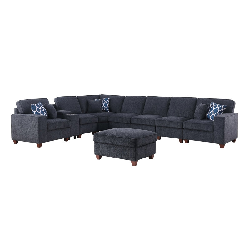 Lily Sectional Sofa With Ottoman, Black Chenille