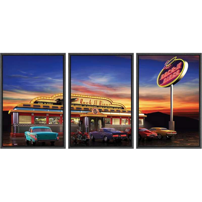 «Architecture American Retro Diner at Dusk», ensemble de 3 pièces, H 24 po x l 48 po, Black Framed