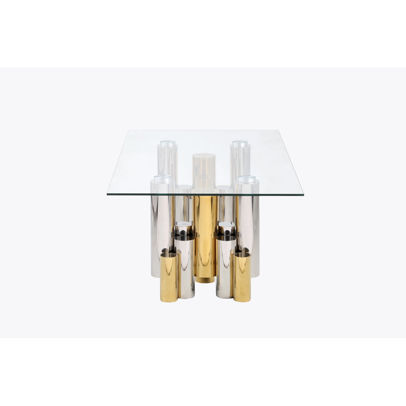 Rectangular Glass Coffee Table with Gold and Chrome Cylindrical Base