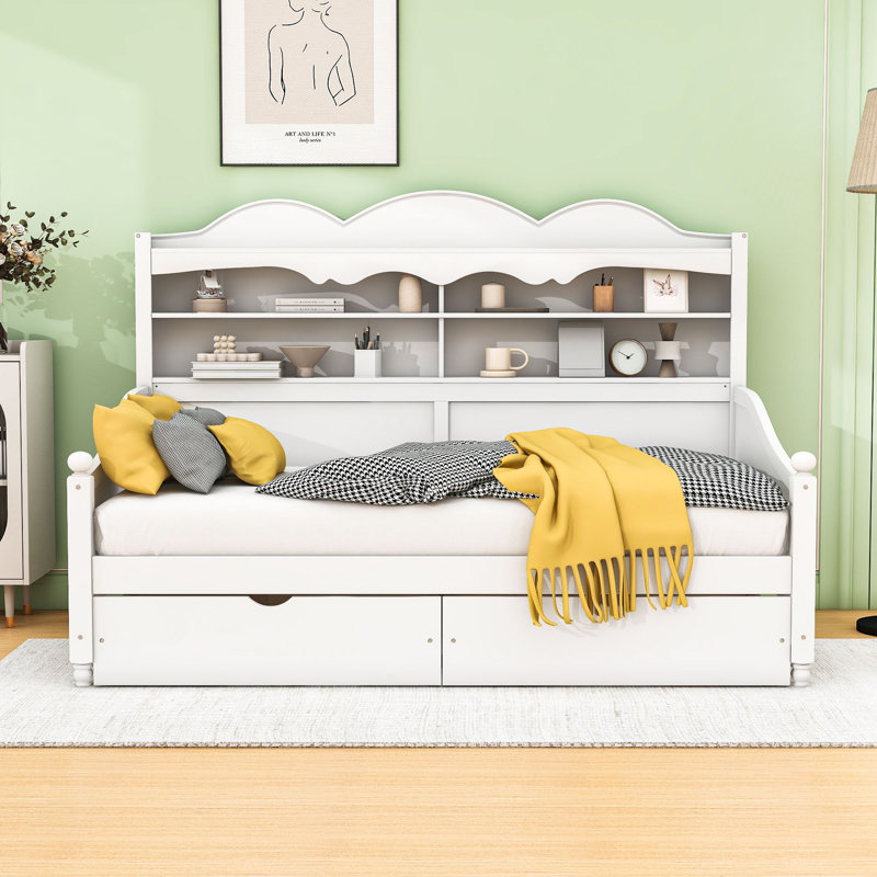Daybed With Storage Drawers and Shelves, White