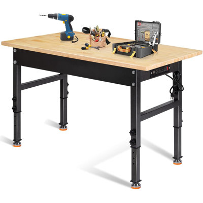 48" Adjustable Rubber Wood Top Workbench with Power Outlet, 2000 lb. Weight Capacity