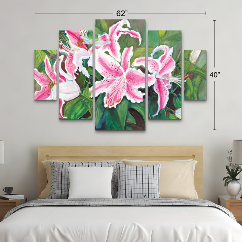 Ensemble de 5 panneaux muraux - Joanne Porter «Fancy Lilies», art mural sur toile pour le salon, la chambre à coucher ou le bureau 