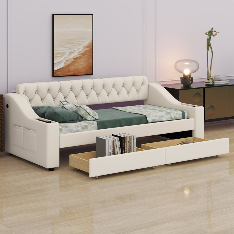 Lit de jour rembourré avec accoudoirs de rangement et port USB, Beige