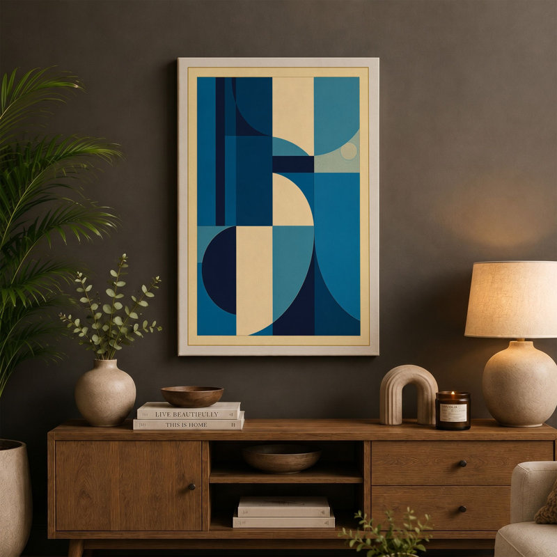 Blue Geometry Geometric 1 Piece Wrapped Canvas Wall Art, 36x24 - 91.4 x 61.0 cm, Ochre Border