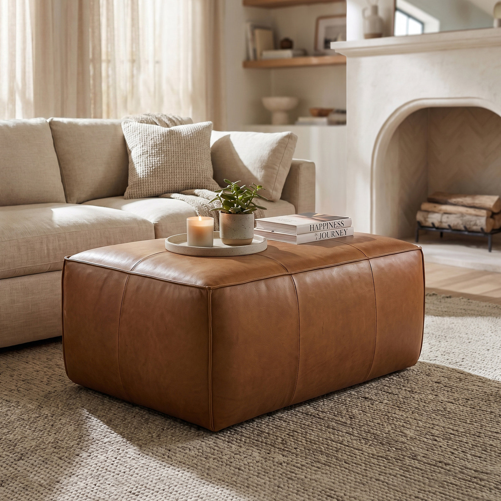 Capa 37" Genuine Leather Ottoman, Saddle Tan