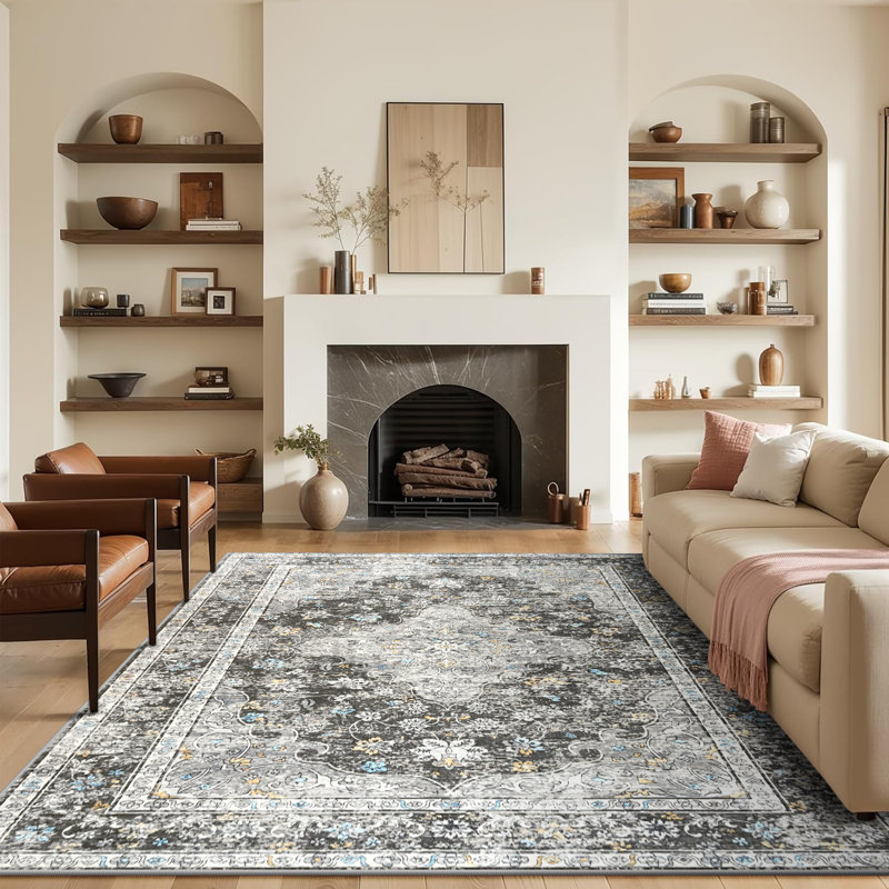Wymond  Large Oriental Floral Living Room Rug Washable Bedroom Rug Non-Slip Colorful Vintage Accent Floor Carpet For Home Decor