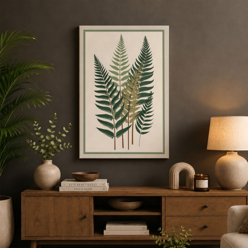 Three Fern Fronds Botanical - Wrapped Canvas, 18x12 - 45.7 x 30.5 cm, Ochre Border