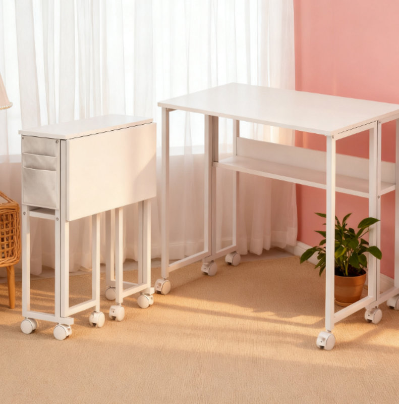 Bureau d'ordinateur pliable, avec sac de rangement, tablette et roulettes pour petits espaces, bureau à domicile, Blanc