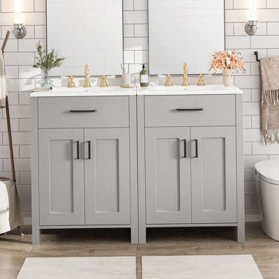 Meuble-lavabo moderne de 48 pouces avec lavabo en céramique, portes à fermeture en douceur, tiroir rabattable, tablettes de porte à double couche, solution de rangement élégante