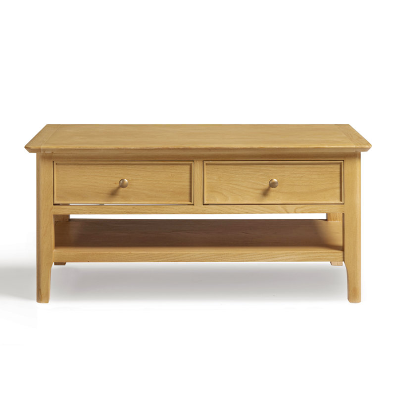 Bodkin Wooden Rectangular Coffee Table With Drawers & Shelf - Traditional Farmhouse Style, Oak