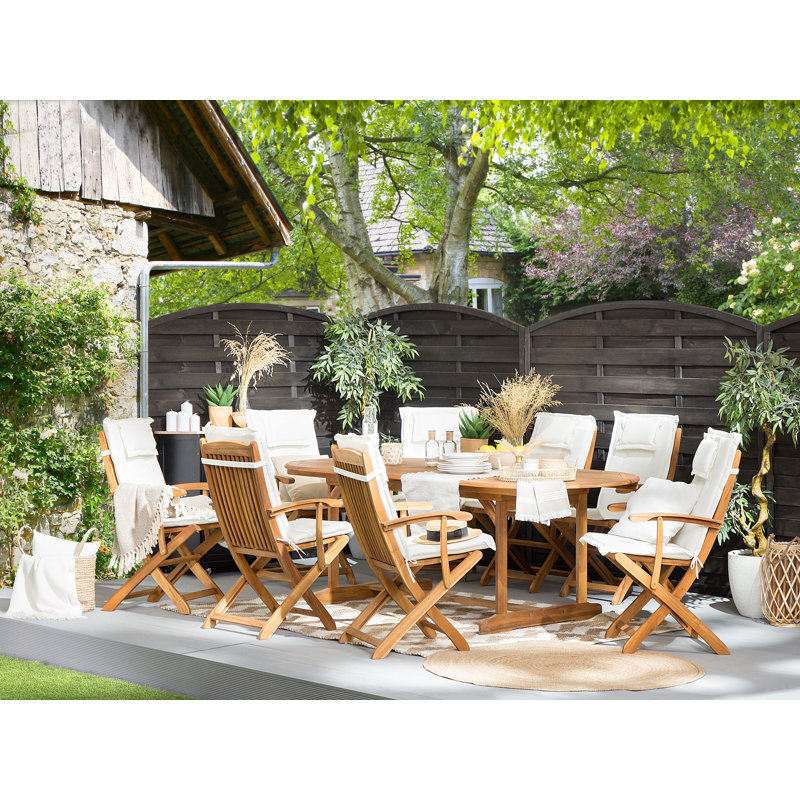 Creekmore 8 - Person Acacia Wood Patio Dining Set with Extendable Oval Table , Cushions Included, Beige