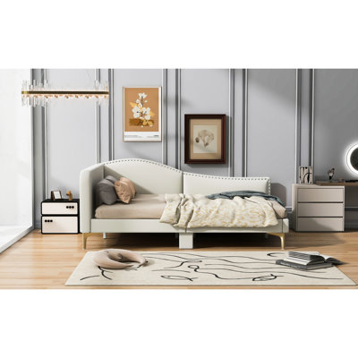 Full Size Daybed In Beige Linen - Headboard, Armrest For A Stylish Look With And Leg Base Living Room