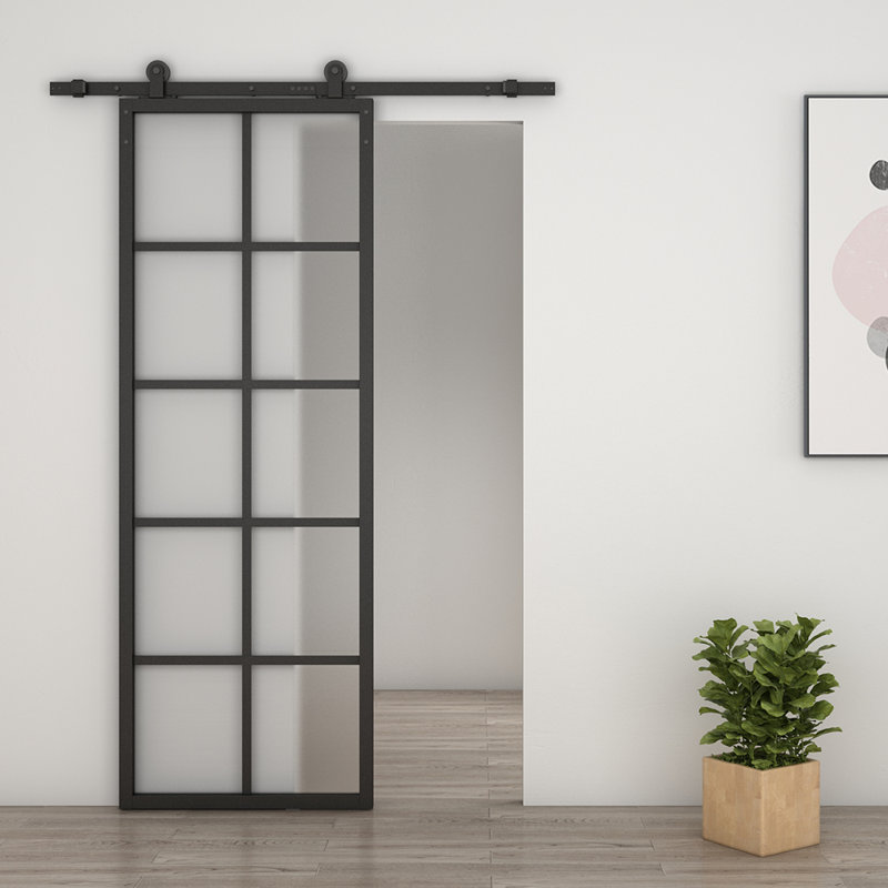 84'' Frosted Glass Black Aluminum Frame Sliding Barn Door