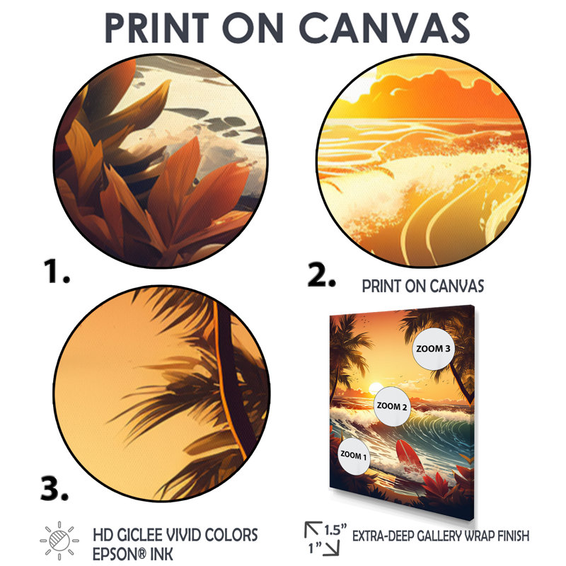 Planche de surf au paradis de la plage tropicale, H 32 po x l 16 po x P 1 po, Toile tendue