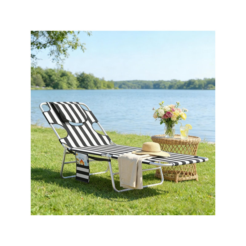 Black Stripe Silver Folding Tanning Lounge Chair, 72.8"x21.7"x11.4", Face Cavity, 5-Position Backrest, 264 lbs Capacity