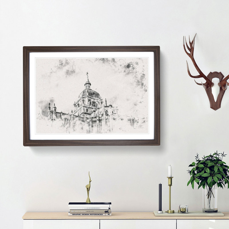 Almudena Cathedral in Madrid Spain Watercolour 1 Piece Single Picture Frame Wall Art on MDF, 45cm H x 63cm W x 2cm D