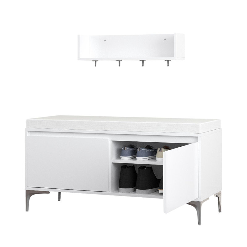 Étagère de hall d'entrée murale avec crochets et banc de rangement, armoire à chaussures blanche moderne avec coussin et rangement fermé pour le couloir, la chambre à coucher ou le vestibule
