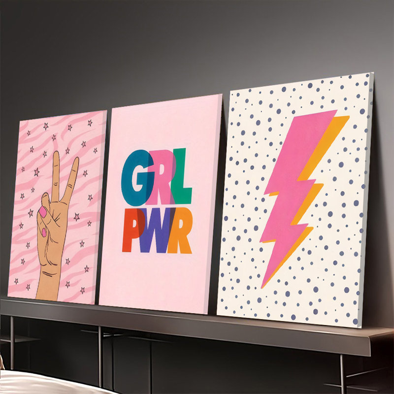 Ensemble de 3 affiches murales encadrées, GRL PWR, impressions sur toile avec symbole de paix rose et éclair, décoration avec citation inspirante pour chambre, dortoir, chambre d'ado, décoration moderne bohème inspirante pour adolescents