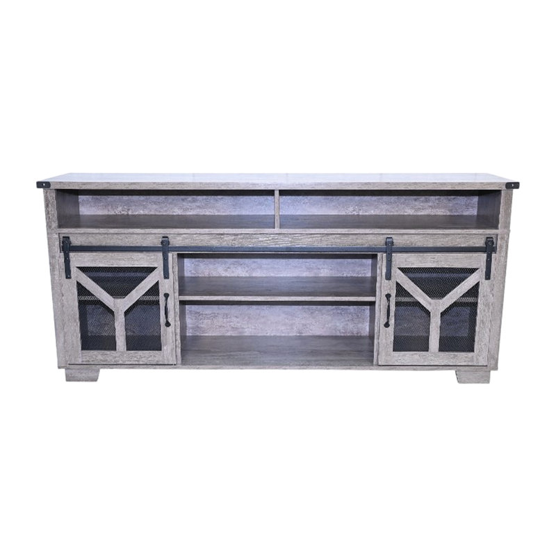 Meuble télé 65,3 po avec porte grillagée en fer, éclairage à DEL et éléments en forme de Y, couleur gris antique, finition coulissante 60 69 pouces, ajustement
