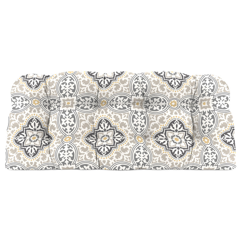 Sunbrella 44" x 18" Contoured Outdoor Wicker Bench Cushion, Rave Grey Damask