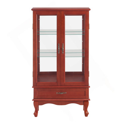Lighted Glass Display Cabinet Glass Wine Cabinet Curio Display Cabinet With Adjustable Glass Shelves Two Doors And One Drawer Bulb Included For Home Decor And Storage-CHERRY