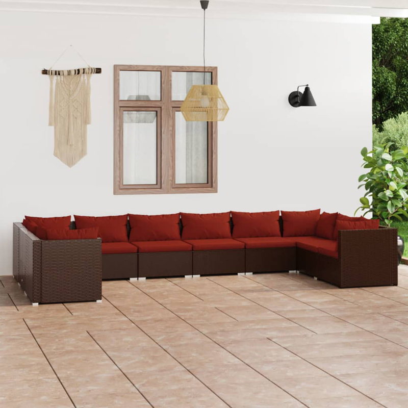 Ensemble de canapé avec coussins, 4x coin + 6x milieu, Brun et rouge