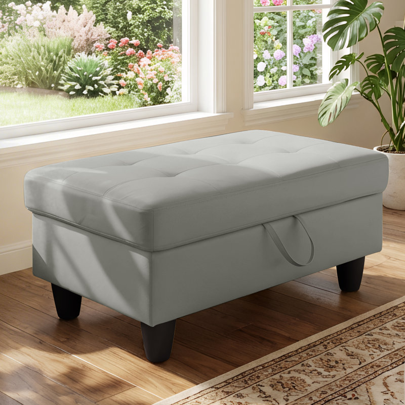 Rectangular Storage Ottoman Bench With Hinged Lid, Faux Leather Footrest For Living Room, Bedroom, Entryway, Silver, 35"X23.5"X17.5"