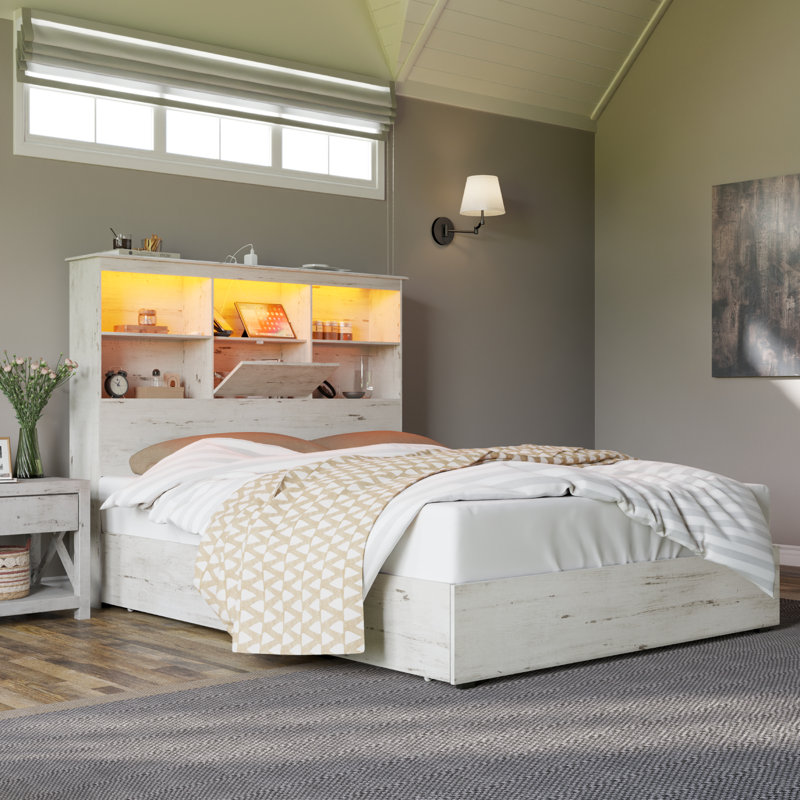Bilal 51.2" Full Size Bed Frame with Storage LED Bookcase Headboard&4 Storage Drawers,Distressed White, Full