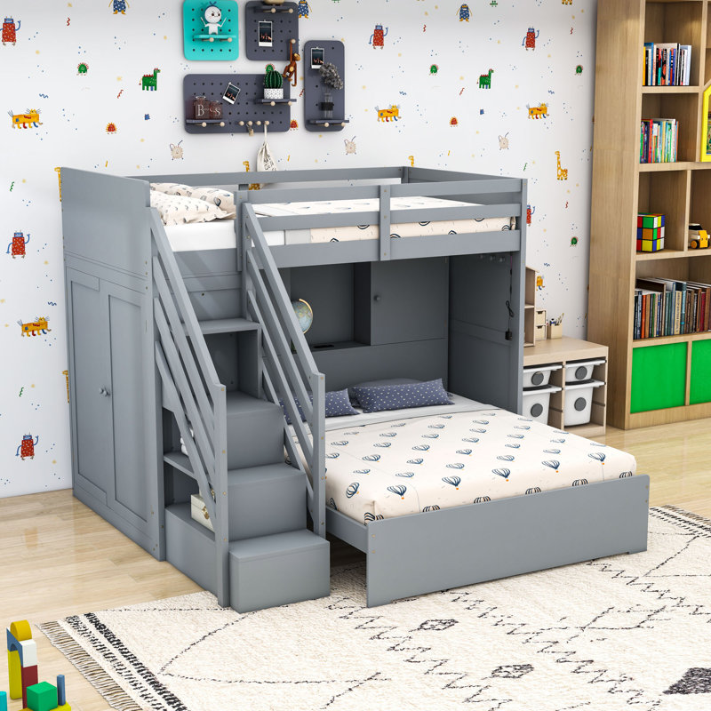 Bunk Bed with Wardrobe,USB and Lights, Gray