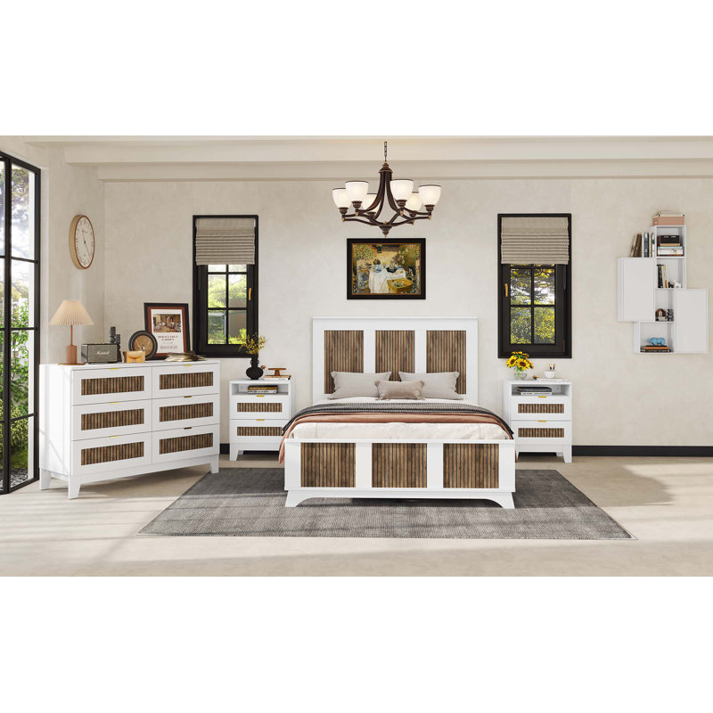Farmhouse Wooden Platform Bed, Modern Platform Bed with Wooden Strip Decoration, Plywood Slats Support, Full, White