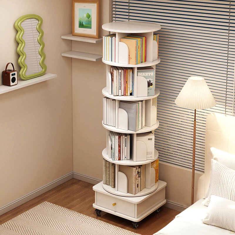 6 Tier Rotating Bookshelf, 360° Display Round Spinning Bookshelf With Wheels And Drawer, Space-Saving, Small Space Rotating Bookshelf Tower