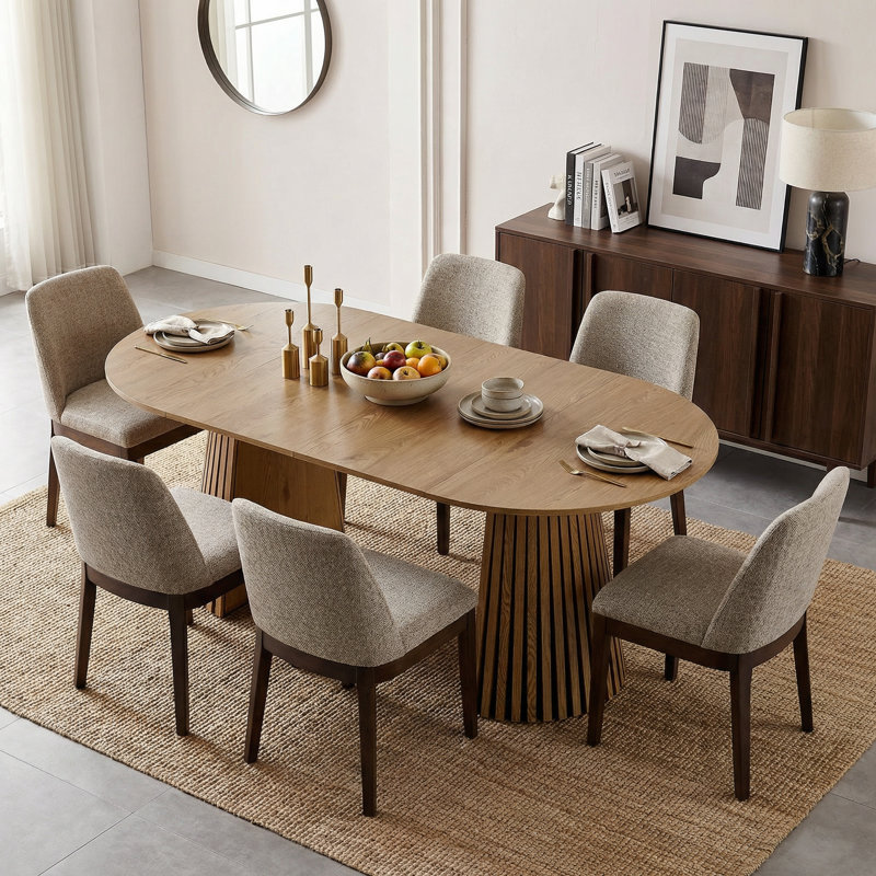 Extendable Oval Wood Dining Table with Slatted Legs, Space-Saving Design for Versatile Use as Dining Table or Desk