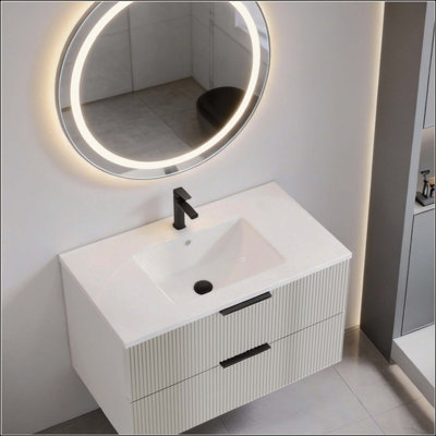 Bathroom Vanity Cabinet With Ceramic Sink - Wall Mounted Floating Fluted Vanity With Drawers, Modern