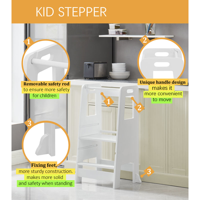 White Adjustable Wooden Toddler Step Stool with Safety Rails