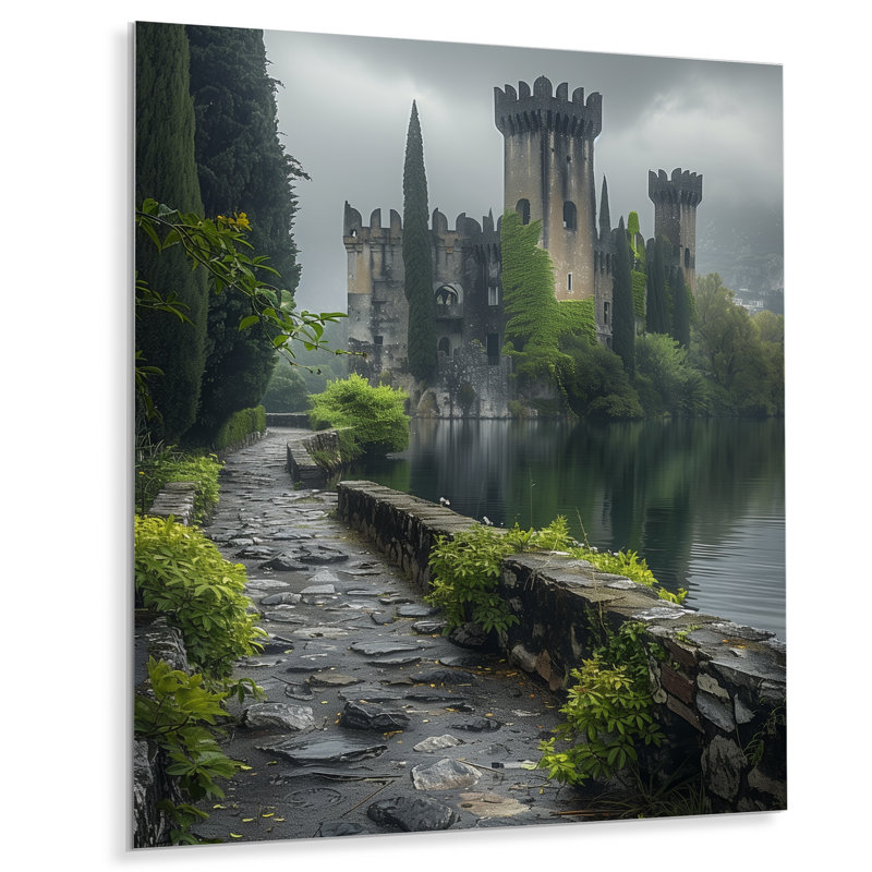 Gris et vert été, château britannique, tempête II - châteaux, art mural, salon, Métal métal, H 32 po x l 24 po