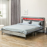 Bed Frame With Headboard, Platform Bed Frame With LED Lights, Charging Station, 3-Tier Storage Shelf, Steel Slats, Easy Assembly & Noise-Free With No Box Spring Needed, Walnut
